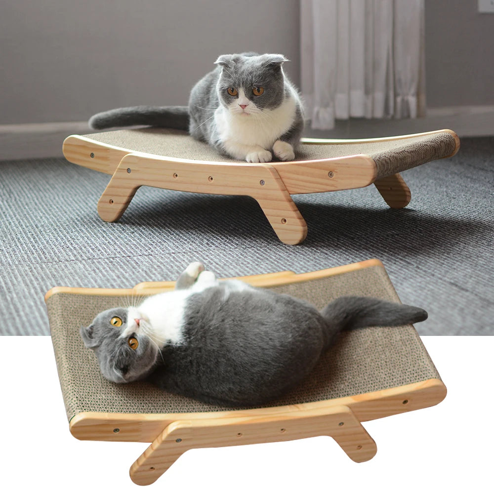 3 In 1 Wooden Cat Scratcher Board Detachable Lounge Bed