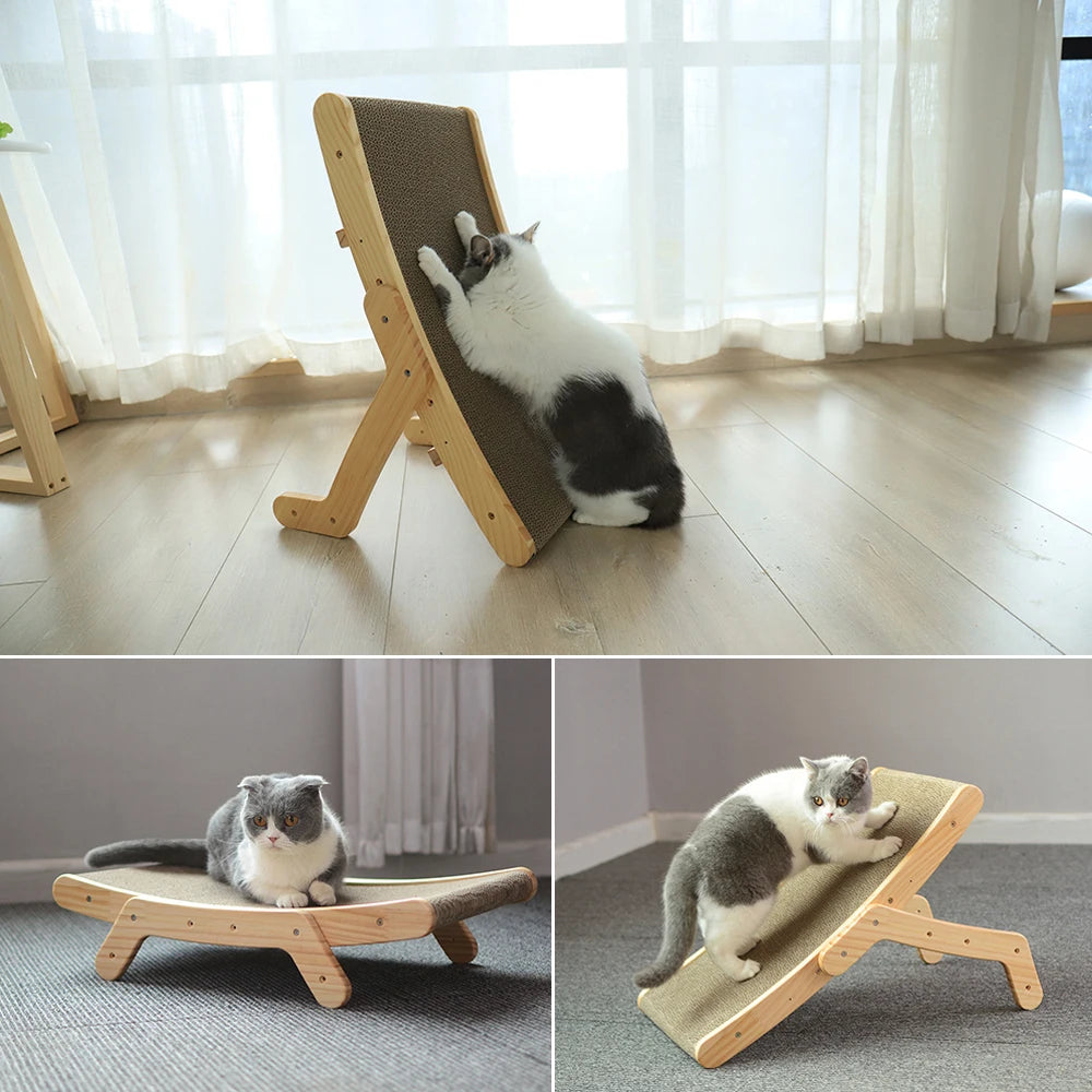 3 In 1 Wooden Cat Scratcher Board Detachable Lounge Bed