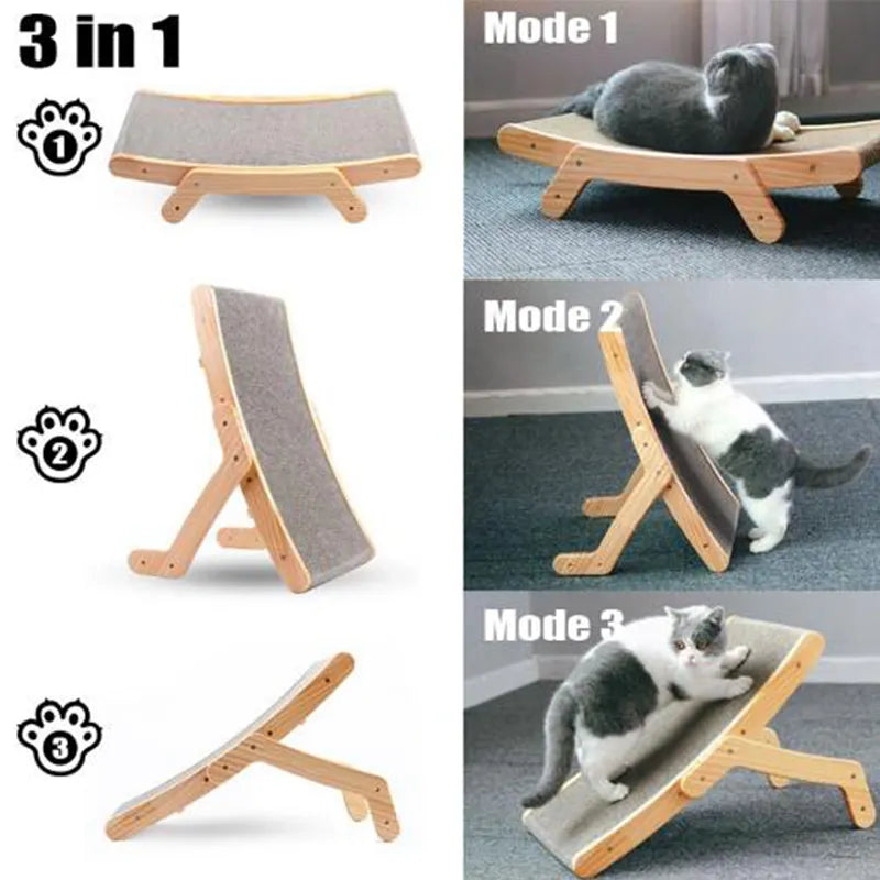3 In 1 Wooden Cat Scratcher Board Detachable Lounge Bed